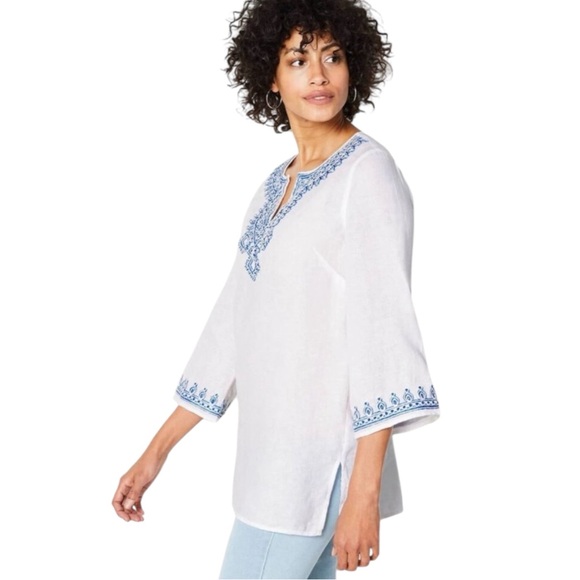 J. JILL “Love Linen” Embroidered Bell Sleeve White Linen Tunic Size 2X - Picture 2 of 10